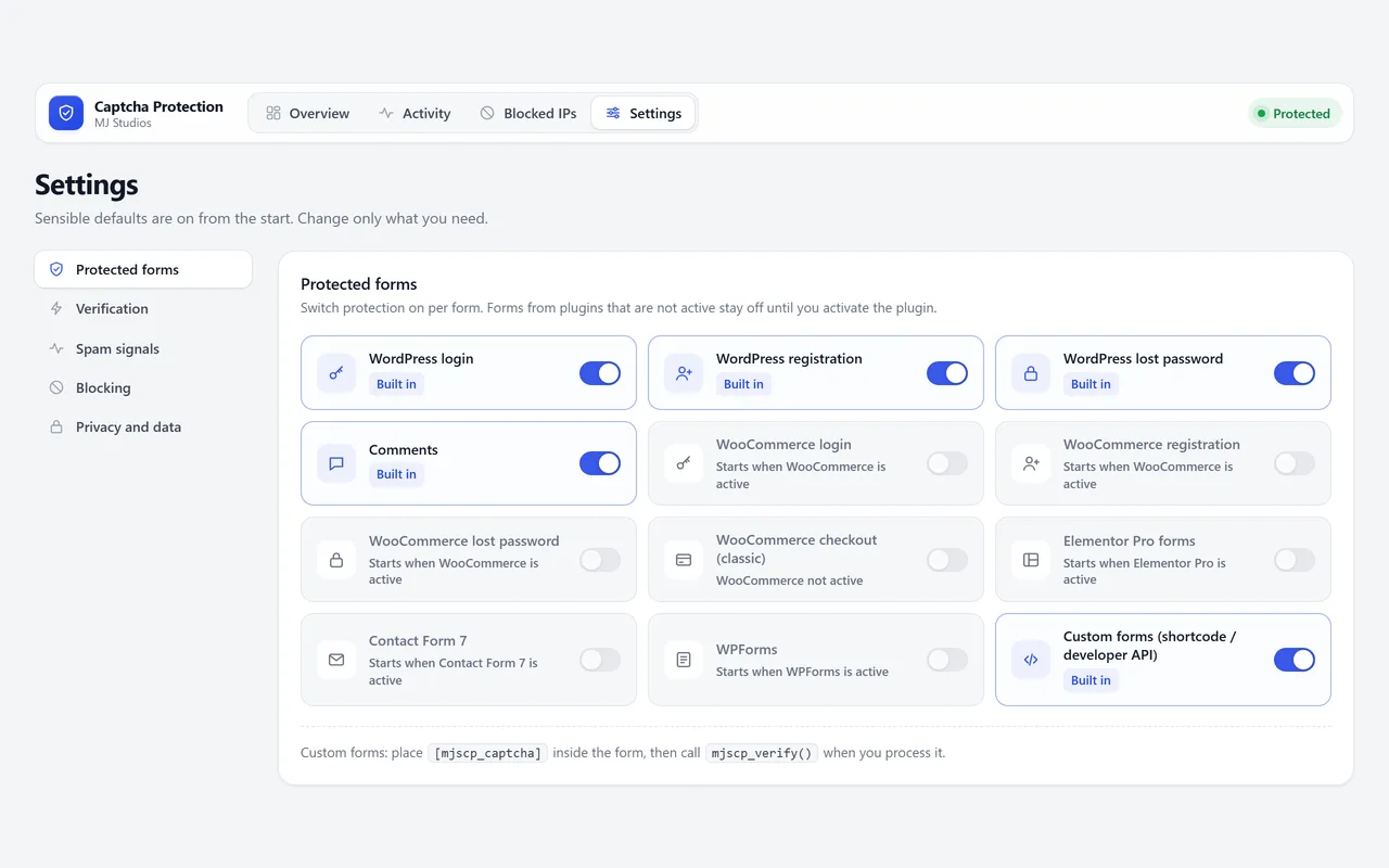 The Settings screen with a switch for each supported form.